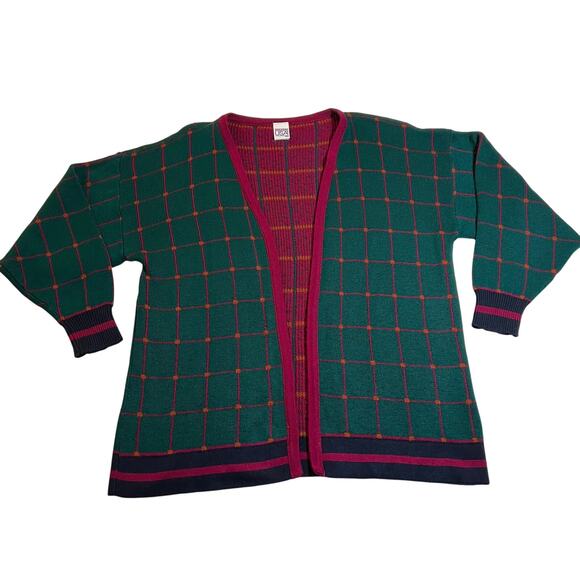 Sweaters U.S.A. Windowpane Open Front Knit Cardigan Size 1X Colorful Grandmacore - Picture 1 of 7